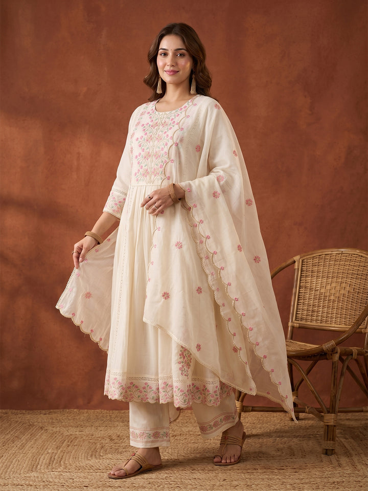 Cream Threadwork Cotton Readymade Salwar Suit