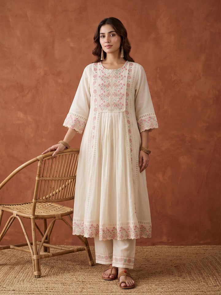 Cream Threadwork Cotton Readymade Salwar Suit