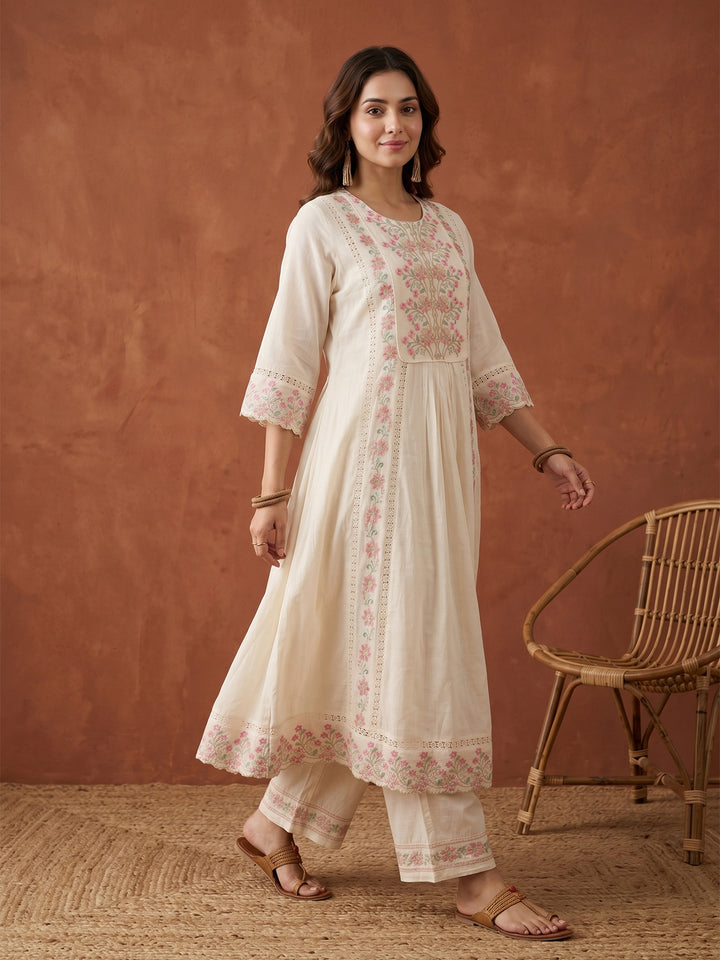 Cream Threadwork Cotton Readymade Salwar Suit