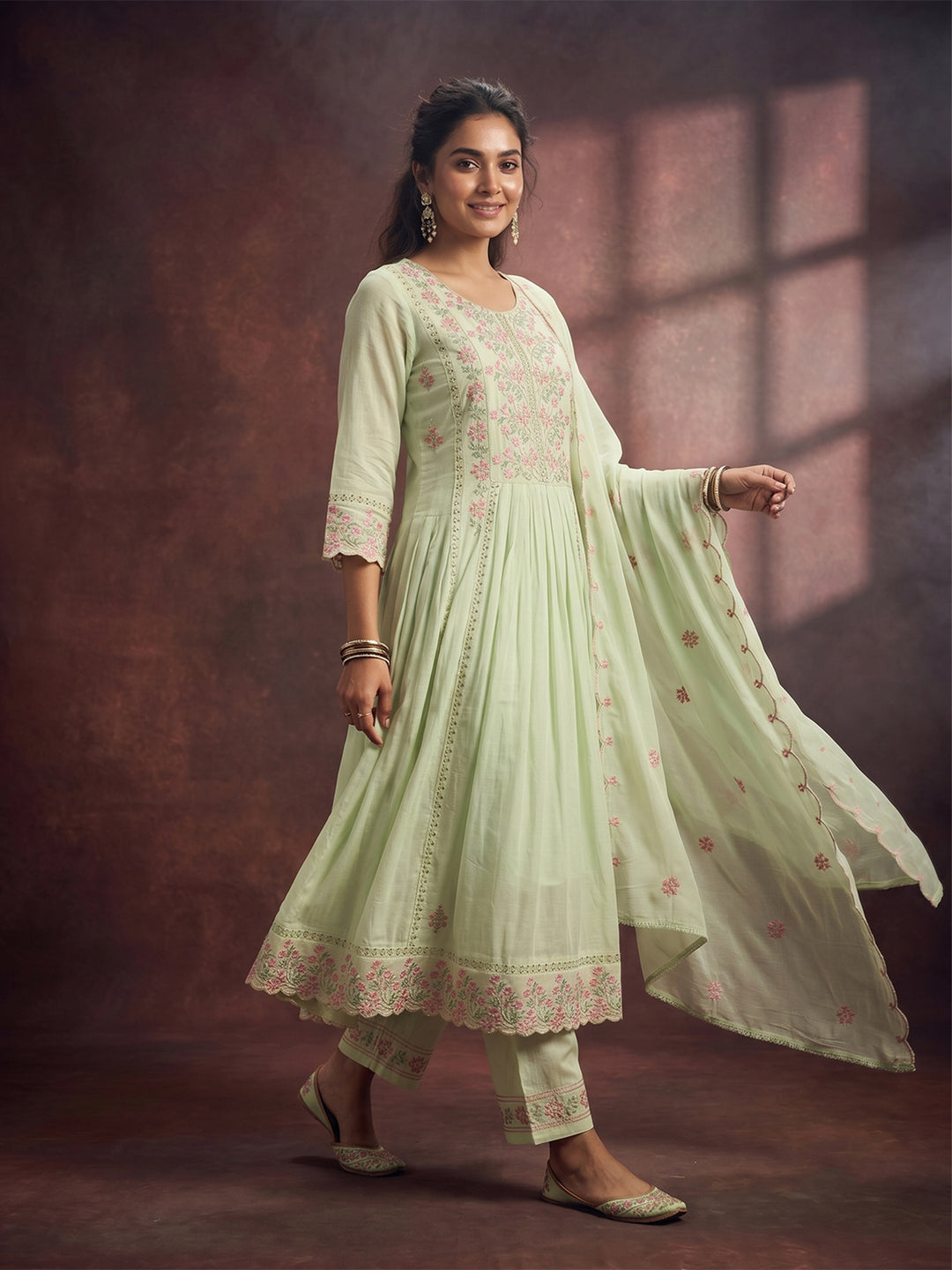 Pista Green Threadwork Cotton Readymade Salwar Suit