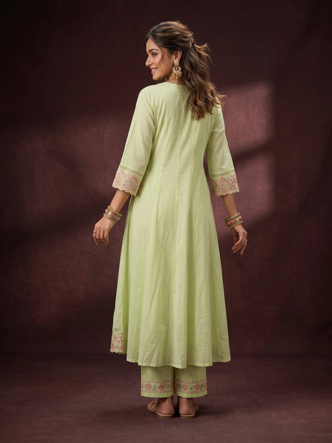 Pista Green Threadwork Cotton Readymade Salwar Suit