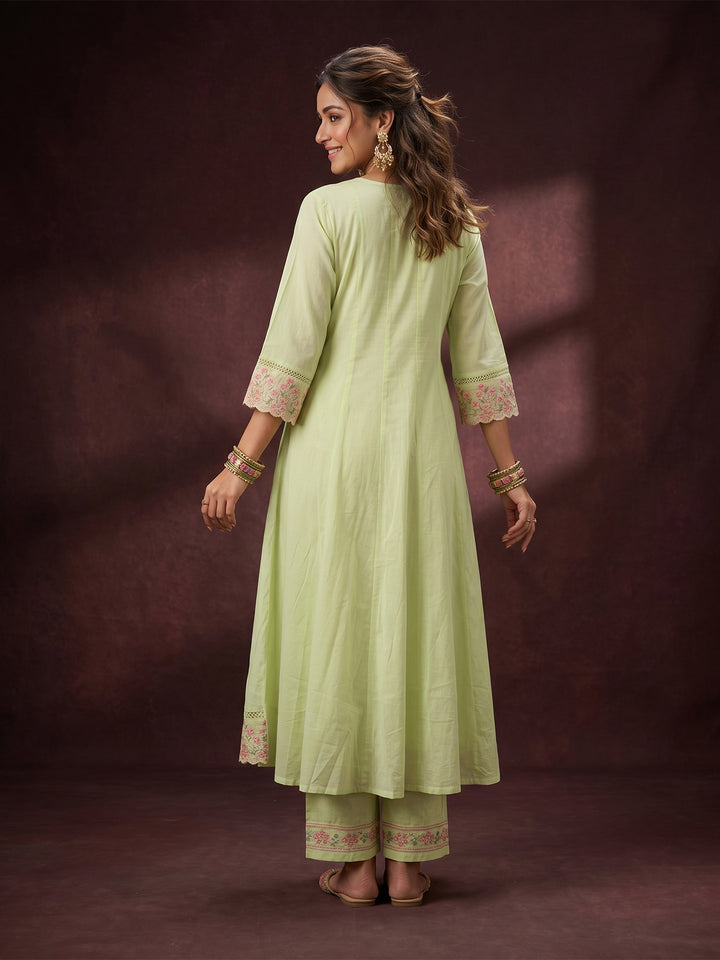 Pista Green Threadwork Cotton Readymade Salwar Suit