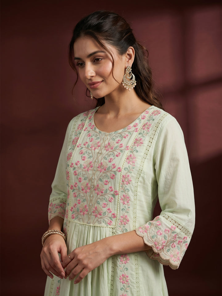 Pista Green Threadwork Cotton Readymade Salwar Suit