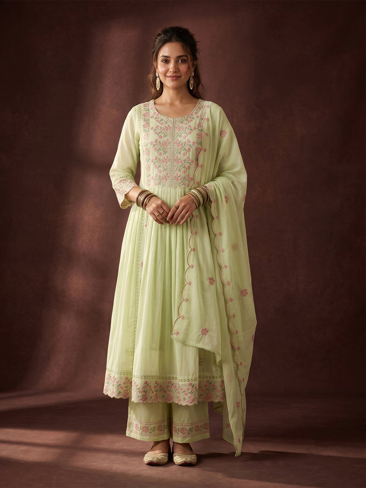Pista Green Threadwork Cotton Readymade Salwar Suit