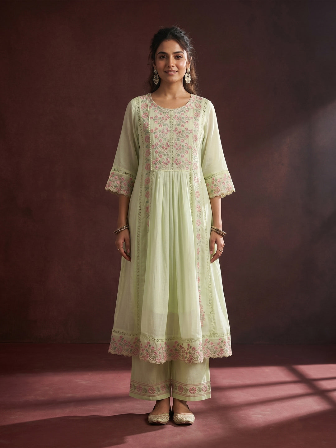 Pista Green Threadwork Cotton Readymade Salwar Suit