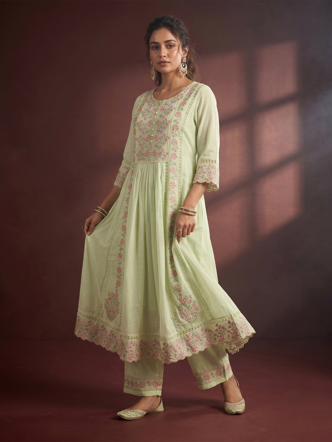 Pista Green Threadwork Cotton Readymade Salwar Suit