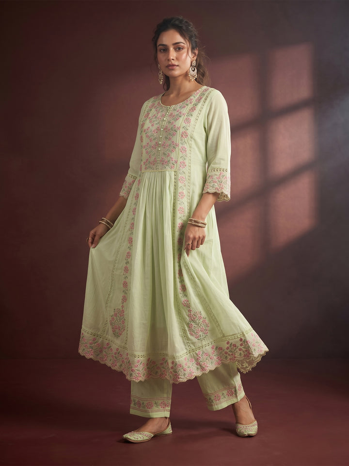 Pista Green Threadwork Cotton Readymade Salwar Suit