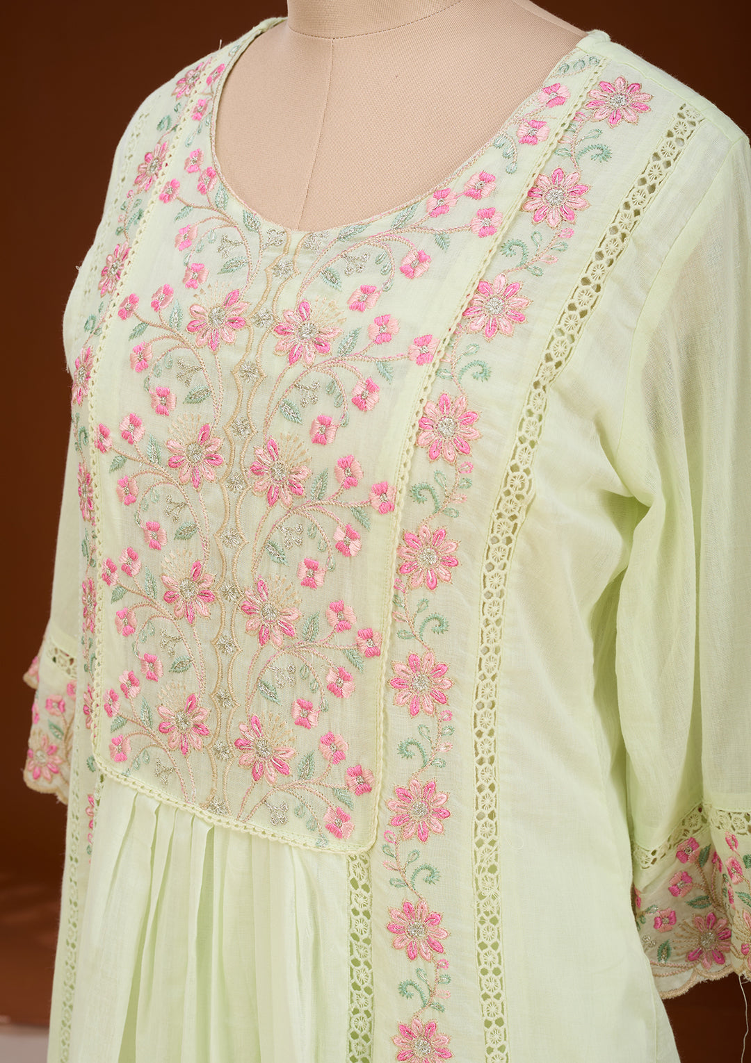 Pista Green Threadwork Cotton Readymade Salwar Suit