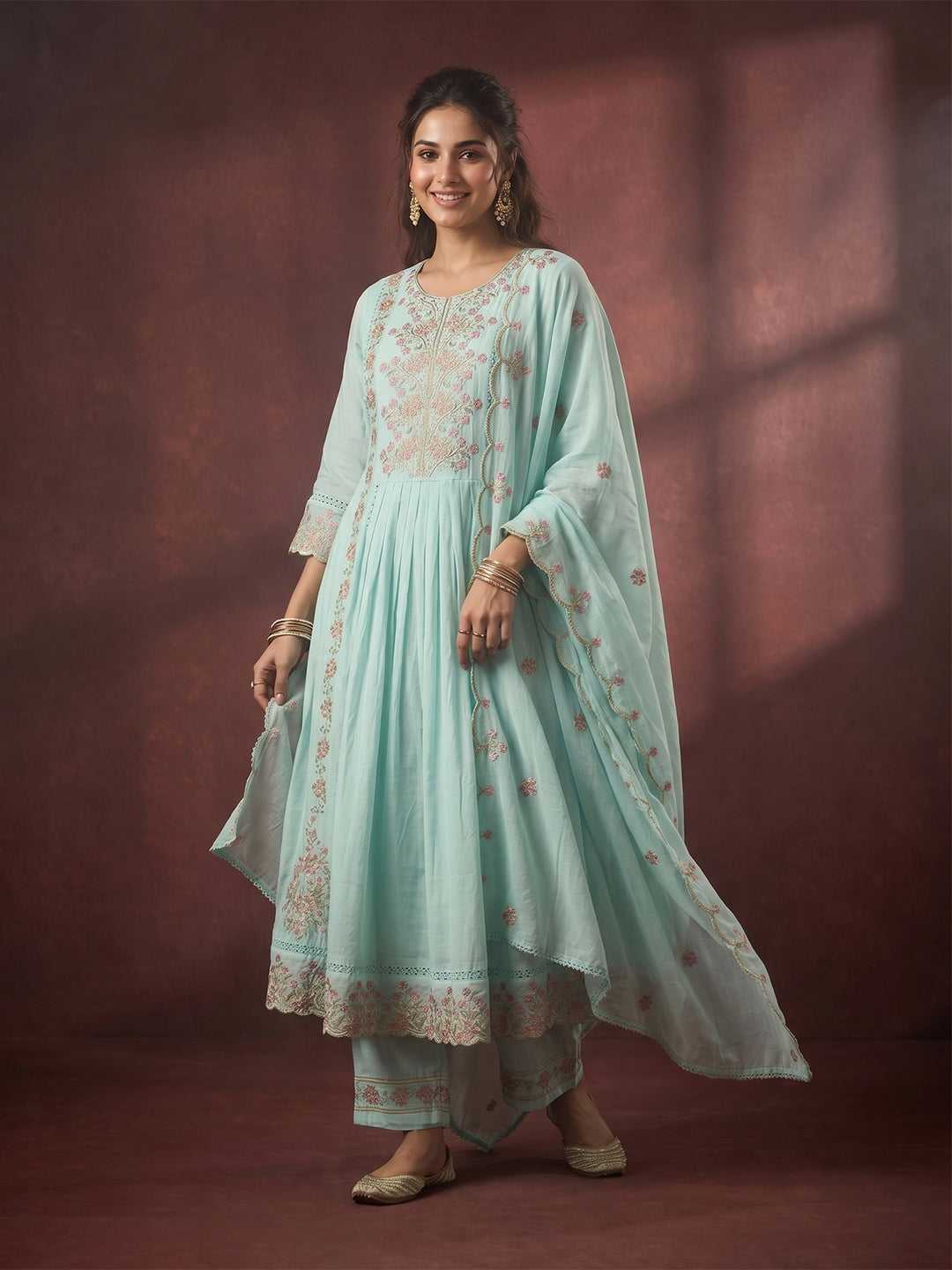 Sea Green Threadwork Cotton Readymade Salwar Suit