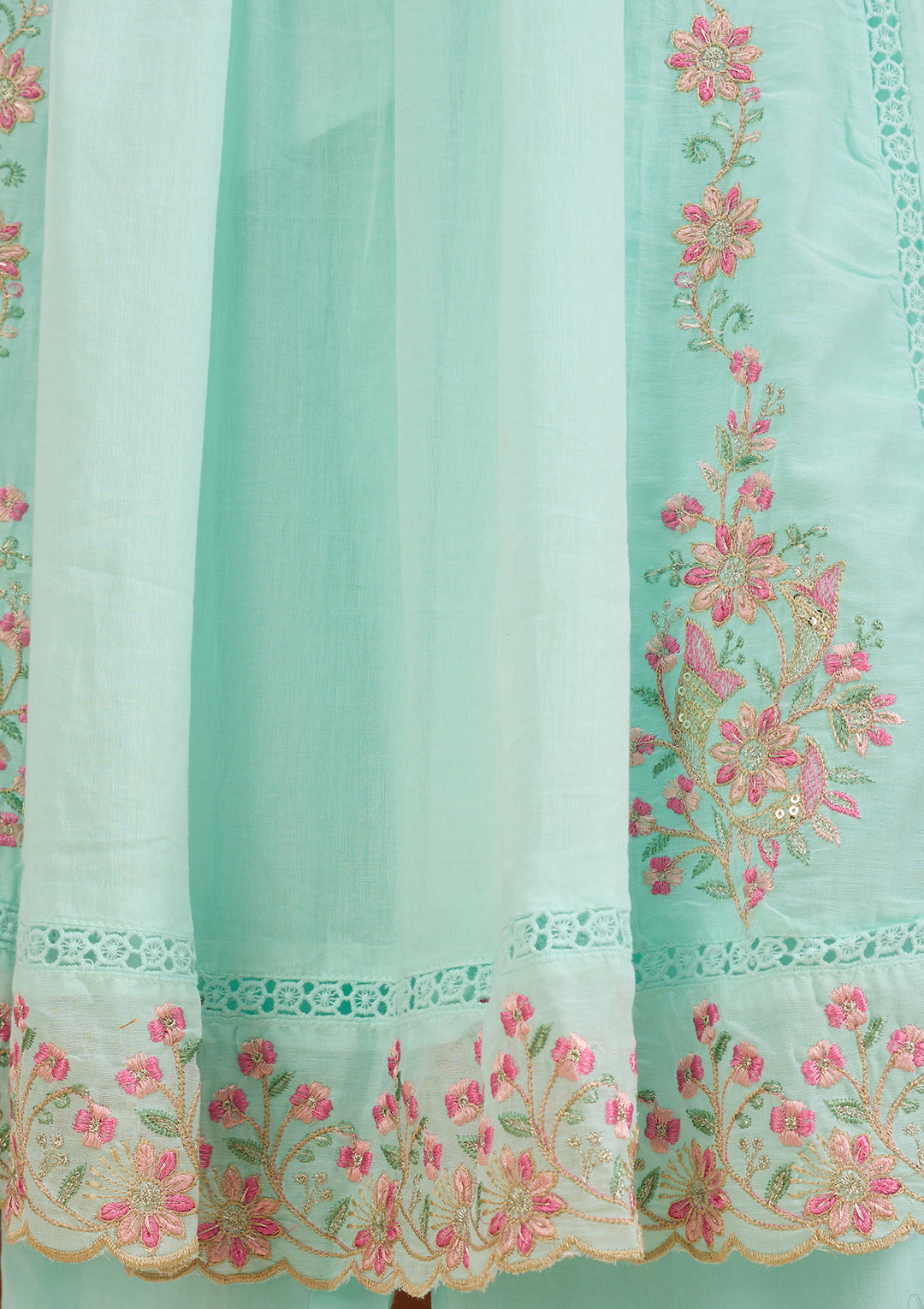 Sea Green Threadwork Cotton Readymade Salwar Suit