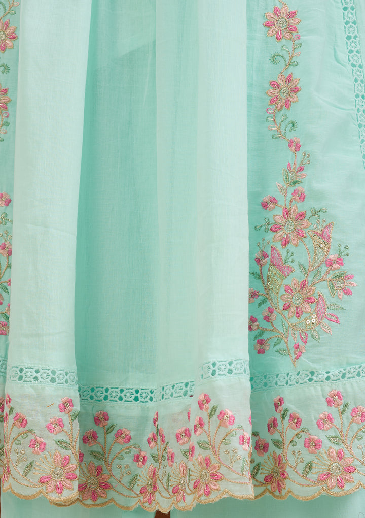 Sea Green Threadwork Cotton Readymade Salwar Suit