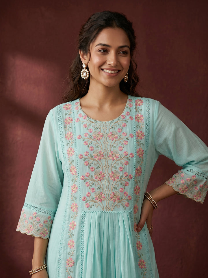 Sea Green Threadwork Cotton Readymade Salwar Suit