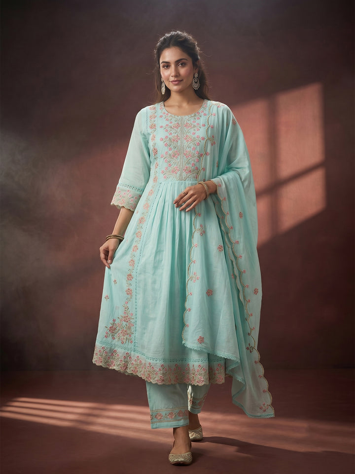 Sea Green Threadwork Cotton Readymade Salwar Suit