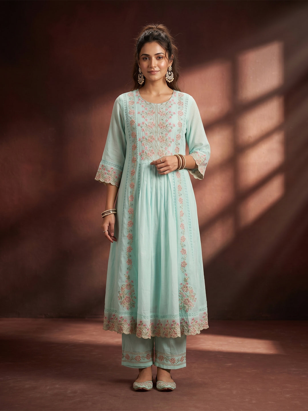 Sea Green Threadwork Cotton Readymade Salwar Suit