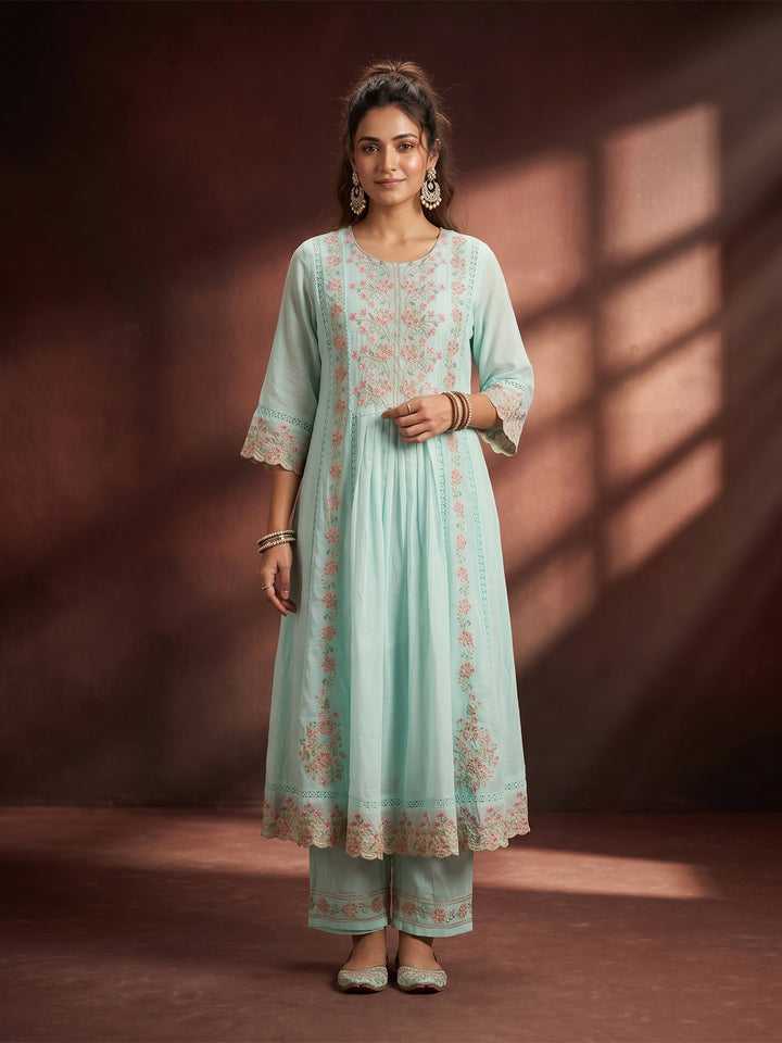 Sea Green Threadwork Cotton Readymade Salwar Suit