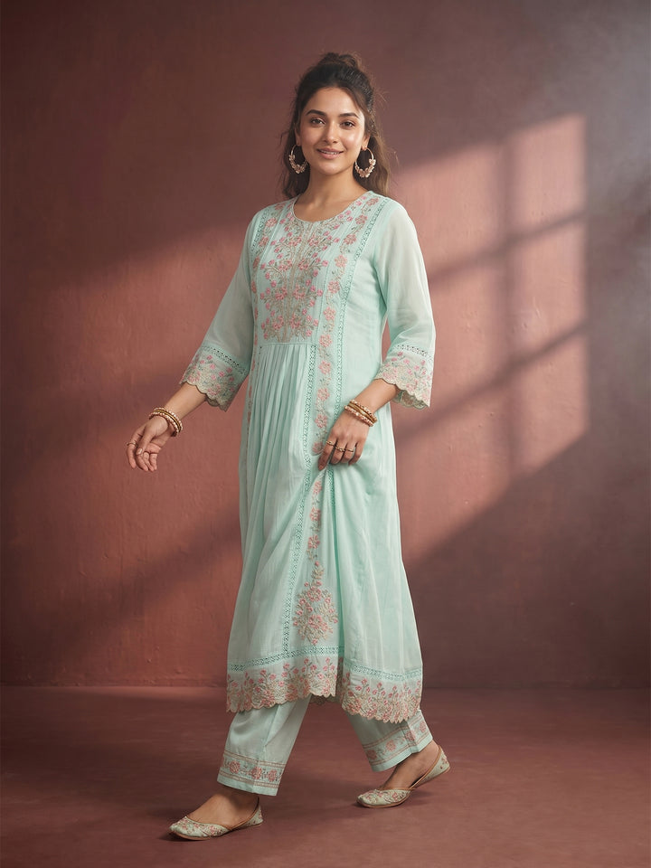 Sea Green Threadwork Cotton Readymade Salwar Suit
