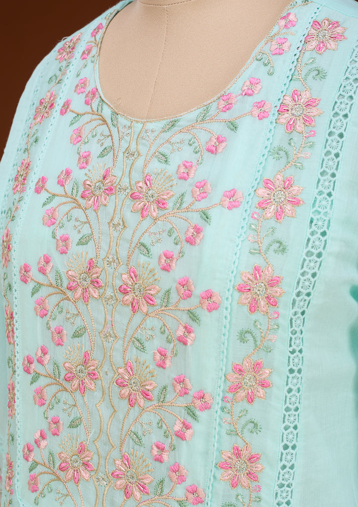 Sea Green Threadwork Cotton Readymade Salwar Suit