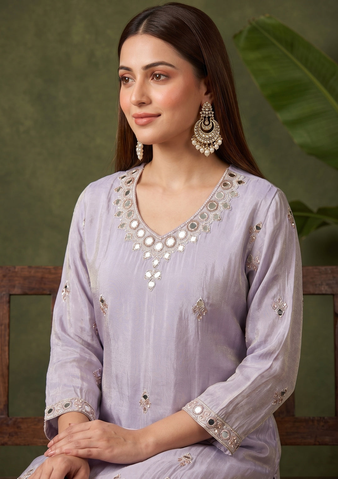 Lavender Mirrorwork Crepe Readymade Salwar Suit