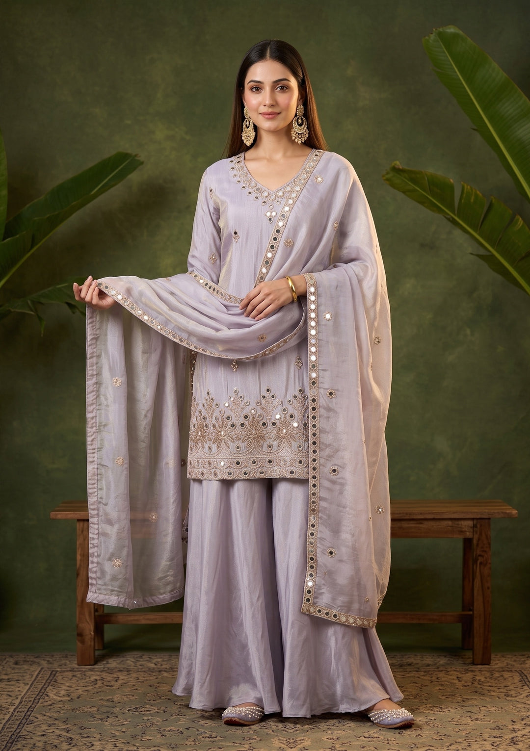 Lavender Mirrorwork Crepe Readymade Salwar Suit