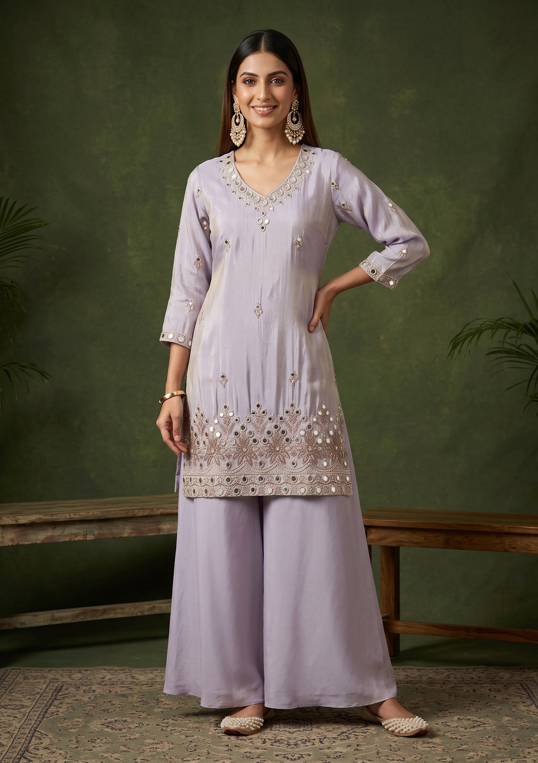 Lavender Mirrorwork Crepe Readymade Salwar Suit
