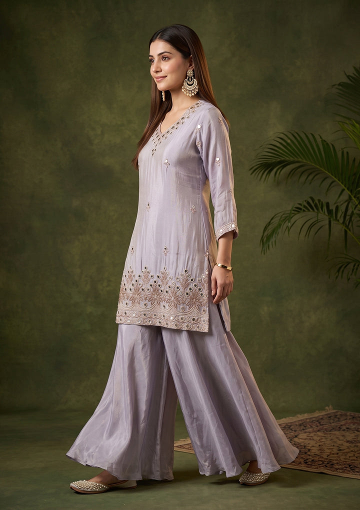 Lavender Mirrorwork Crepe Readymade Salwar Suit