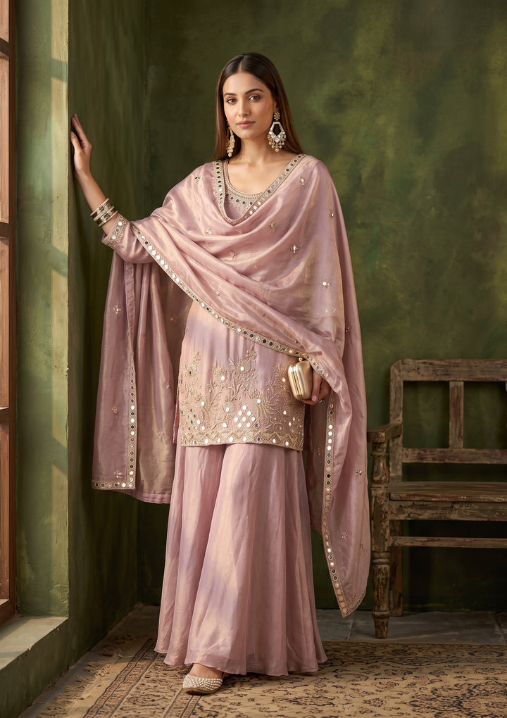 Onion Pink Mirrorwork Crepe Readymade Salwar Suit