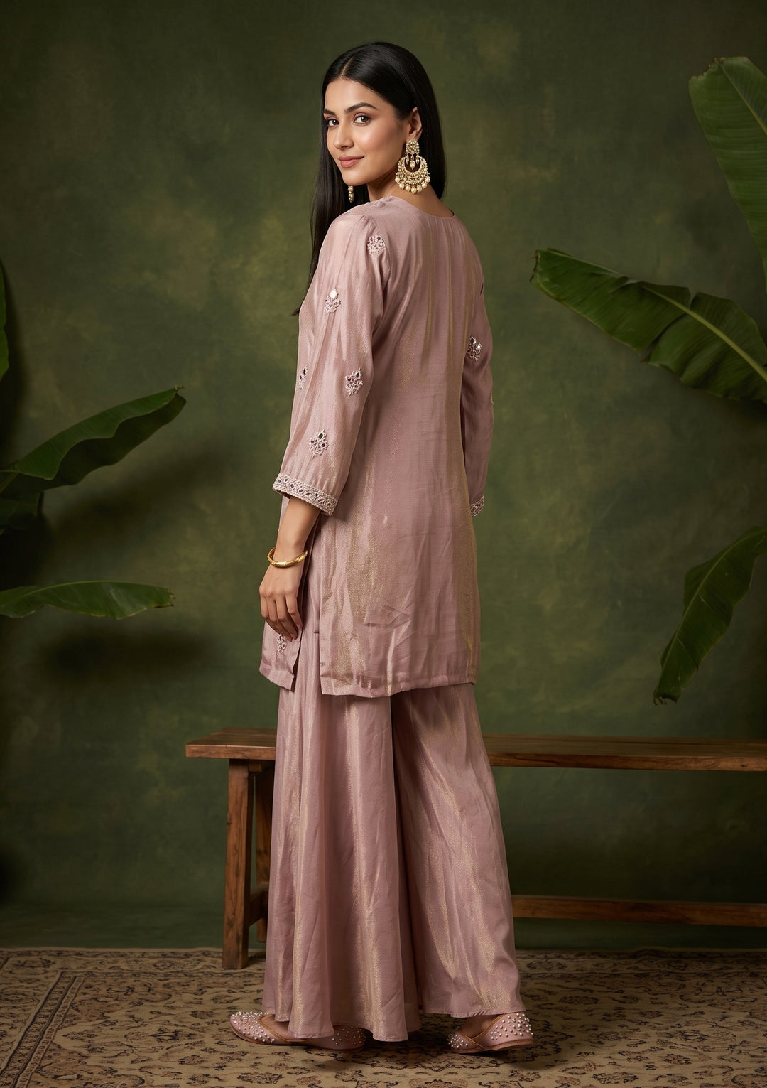 Onion Pink Mirrorwork Crepe Readymade Salwar Suit