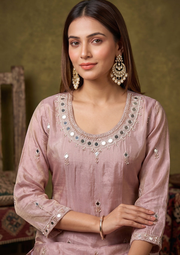 Onion Pink Mirrorwork Crepe Readymade Salwar Suit