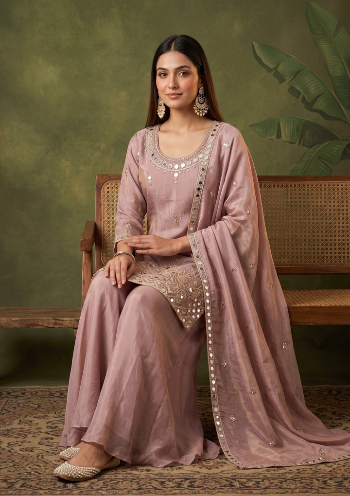 Onion Pink Mirrorwork Crepe Readymade Salwar Suit