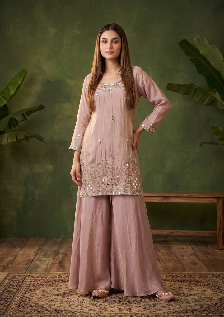Onion Pink Mirrorwork Crepe Readymade Salwar Suit