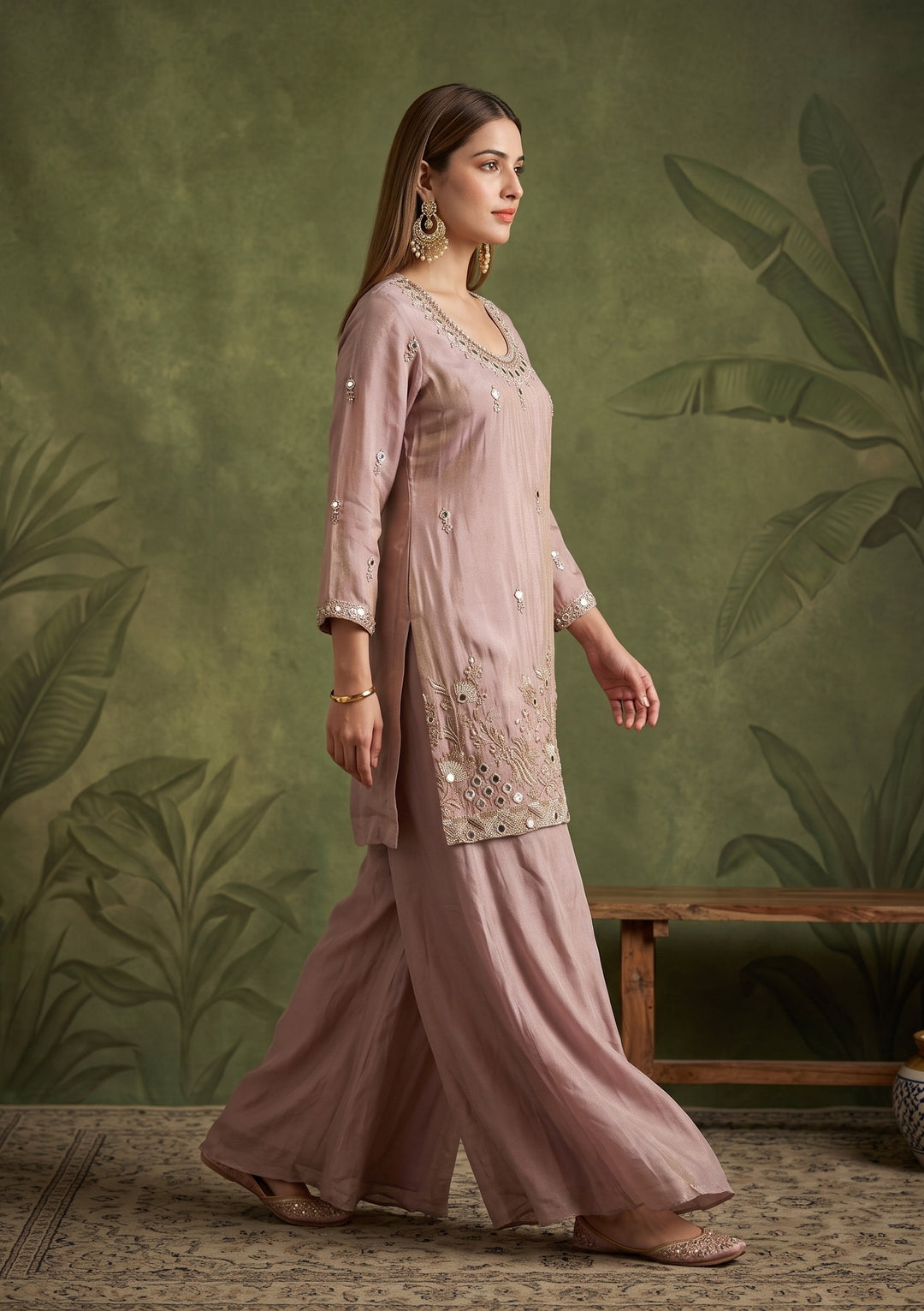 Onion Pink Mirrorwork Crepe Readymade Salwar Suit
