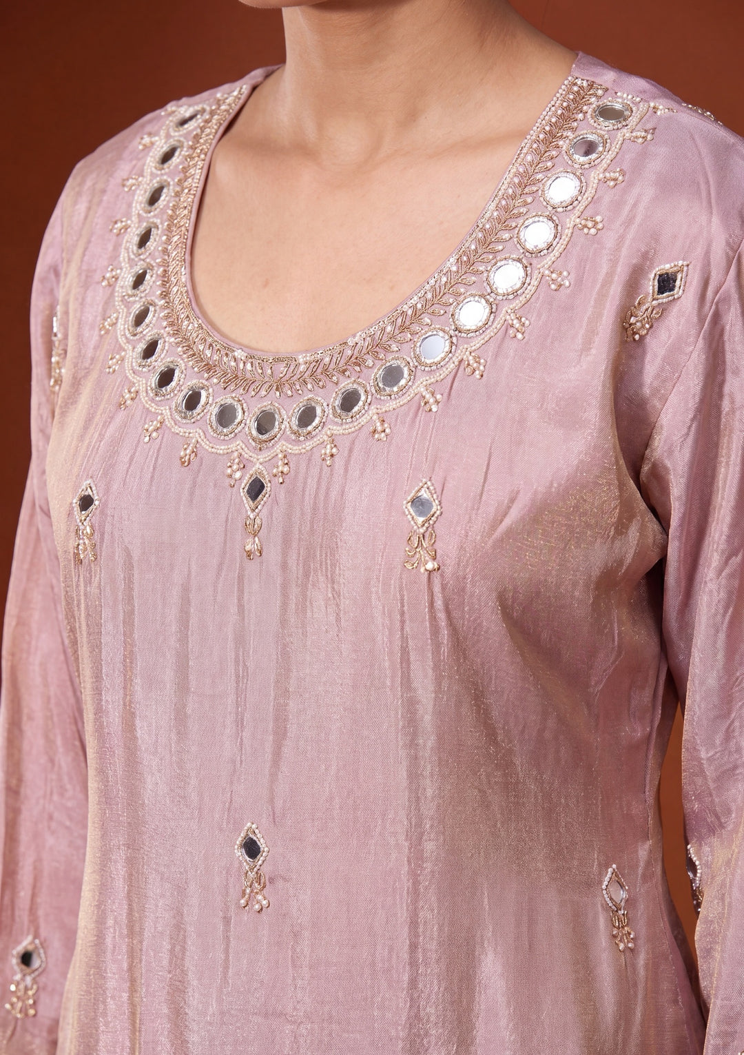 Onion Pink Mirrorwork Crepe Readymade Salwar Suit