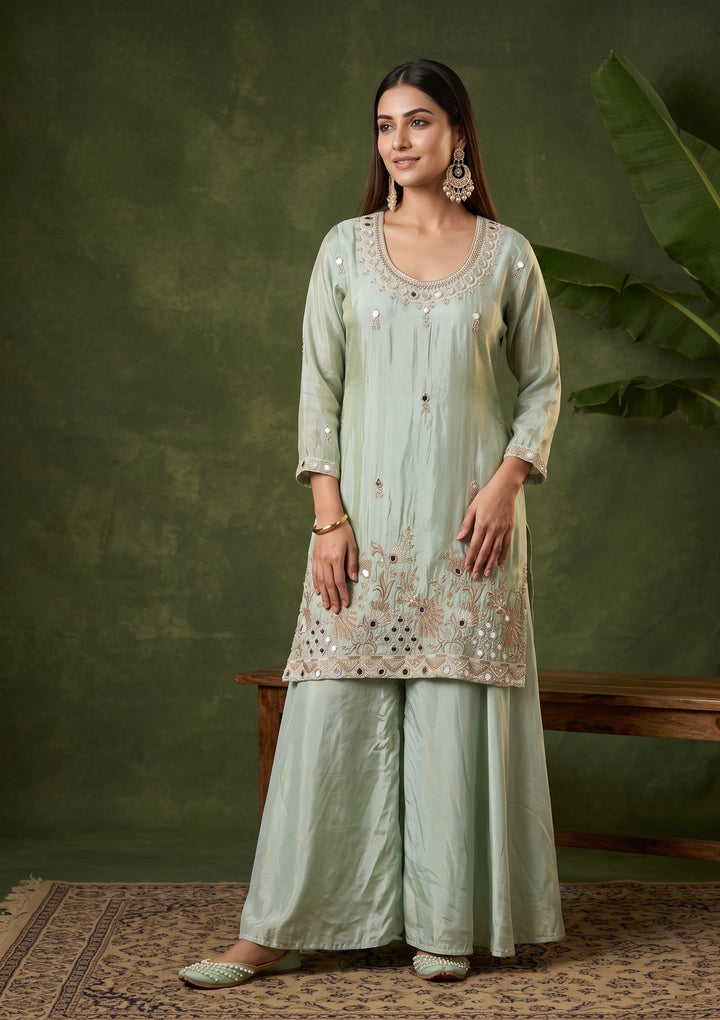 Pista Green Mirrorwork Crepe Readymade Salwar Suit