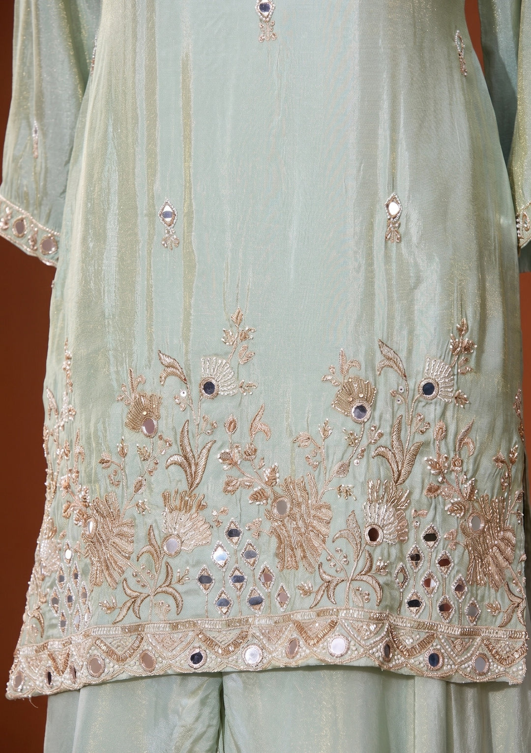 Pista Green Mirrorwork Crepe Readymade Salwar Suit