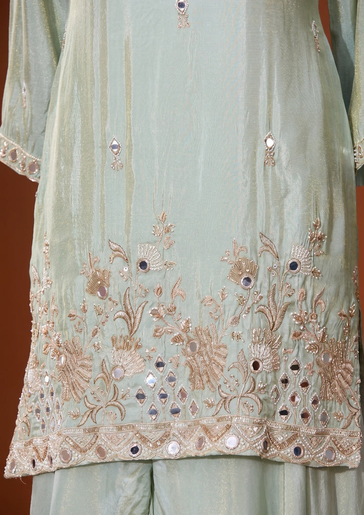 Pista Green Mirrorwork Crepe Readymade Salwar Suit