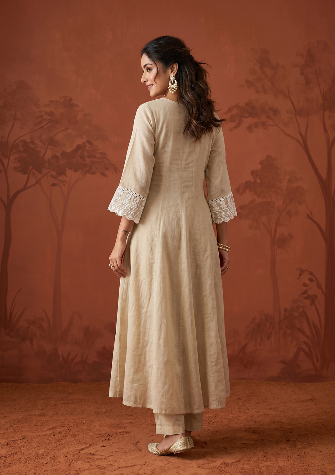 Beige Threadwork Cotton Readymade Salwar Suit