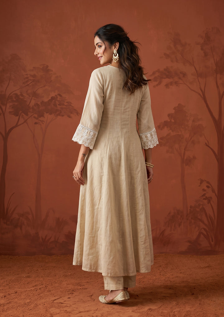 Beige Threadwork Cotton Readymade Salwar Suit