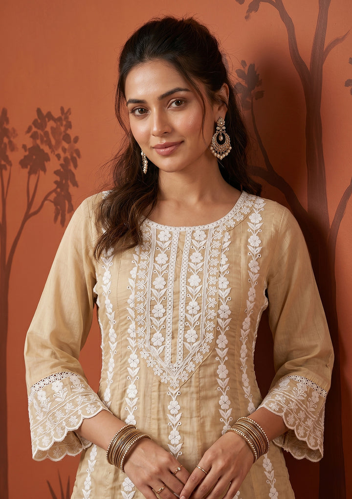 Beige Threadwork Cotton Readymade Salwar Suit