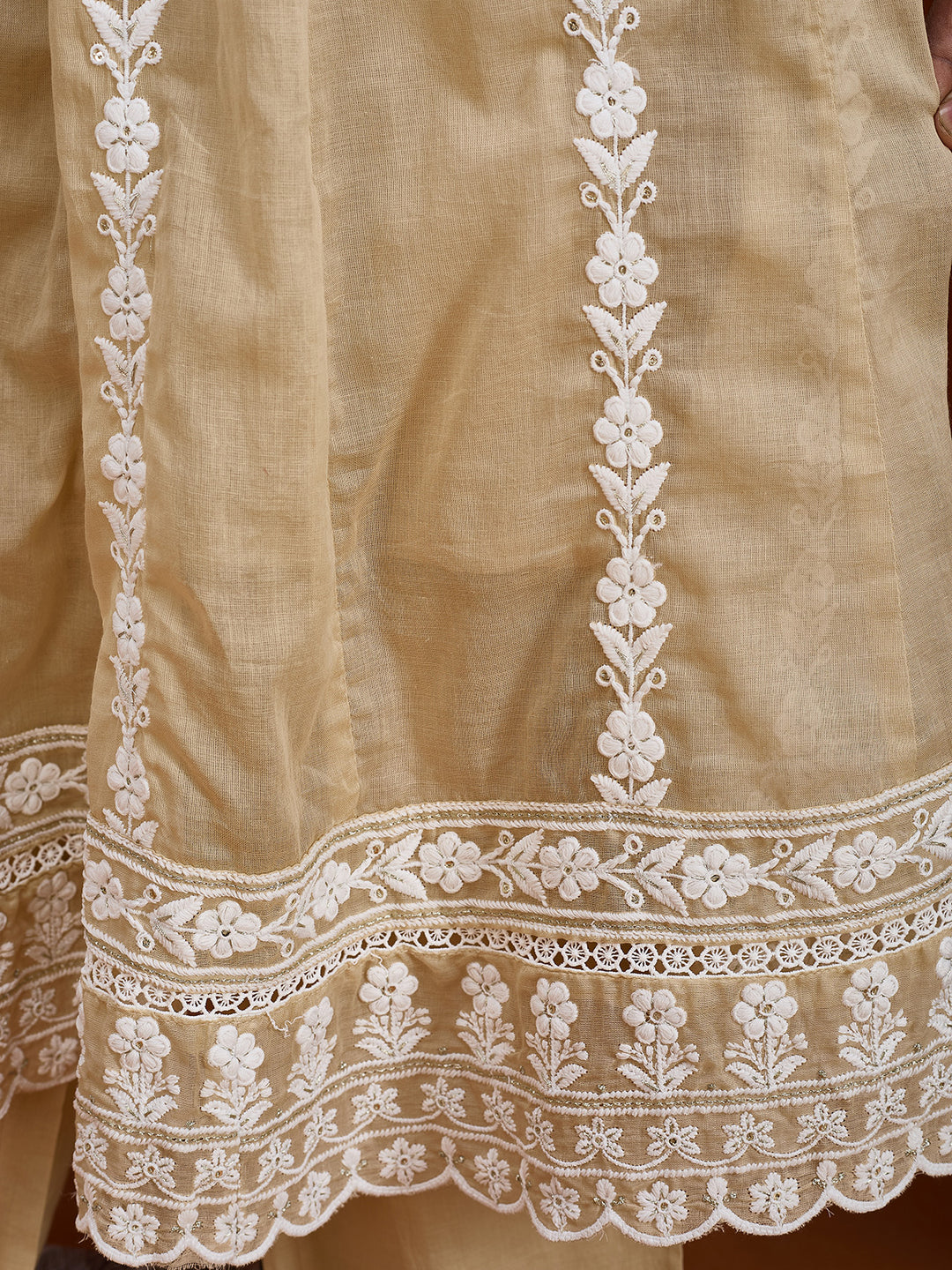 Beige Threadwork Cotton Readymade Salwar Suit