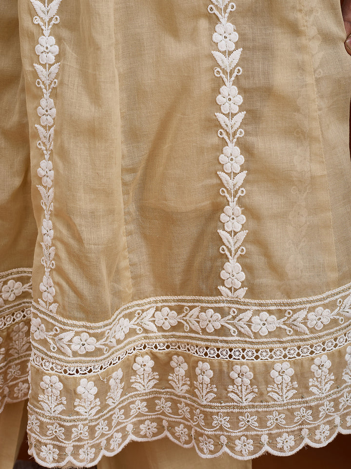 Beige Threadwork Cotton Readymade Salwar Suit