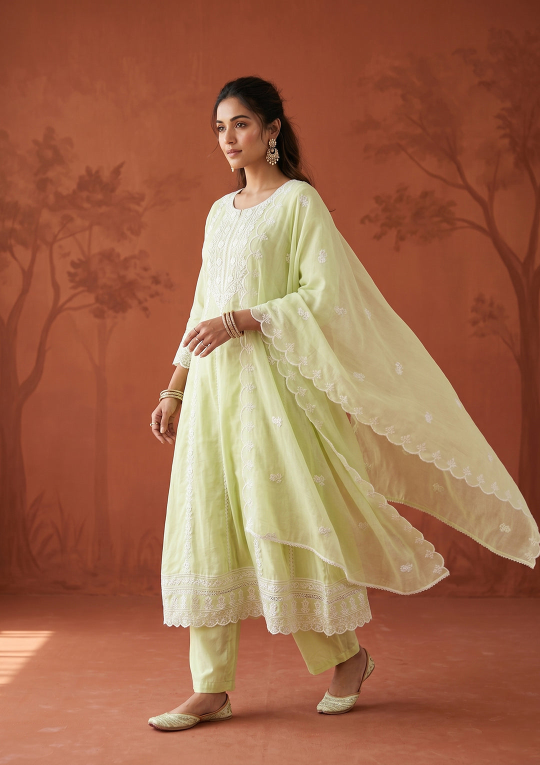 Lime Green Threadwork Cotton Readymade Salwar Suit