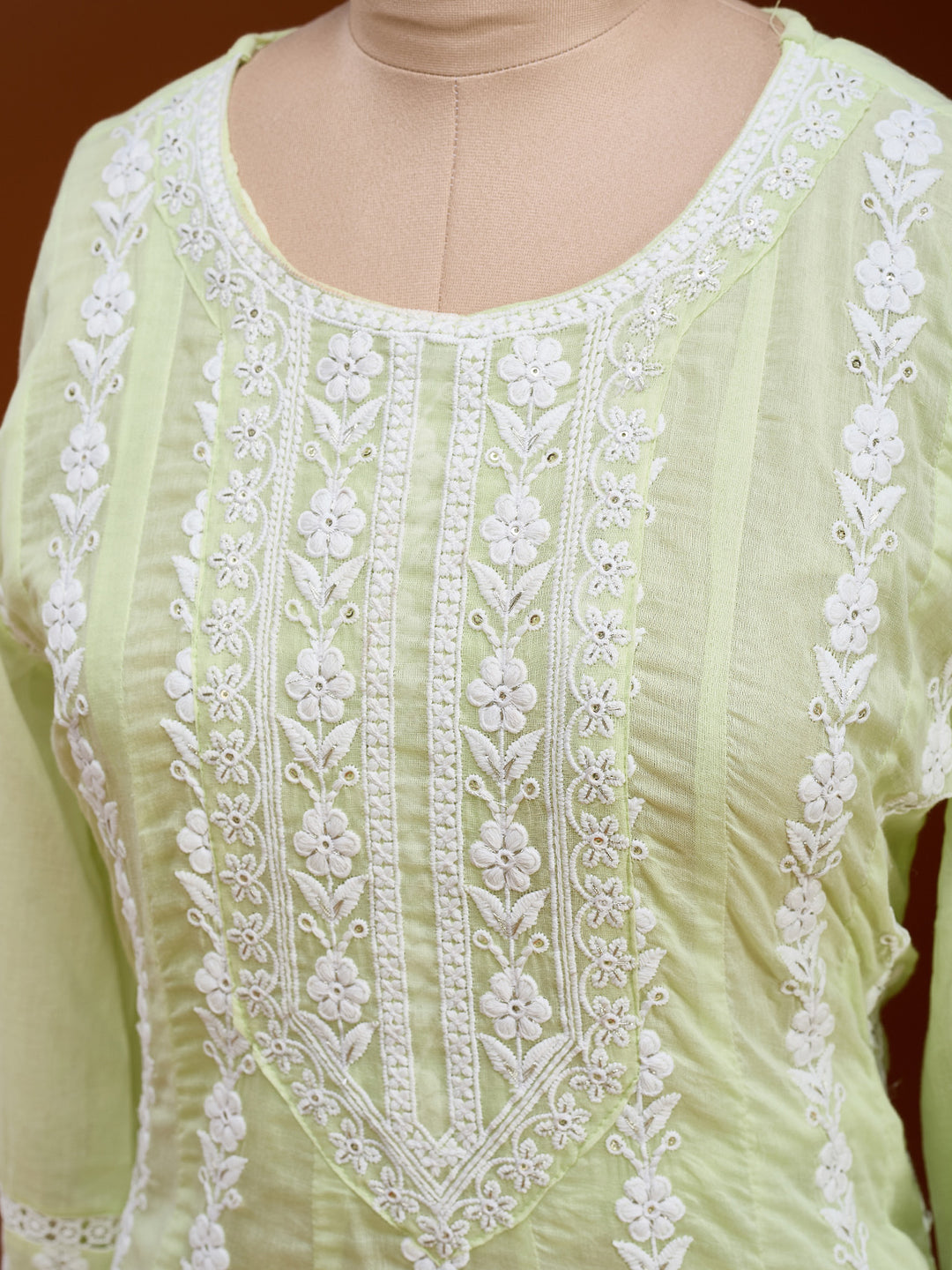 Lime Green Threadwork Cotton Readymade Salwar Suit