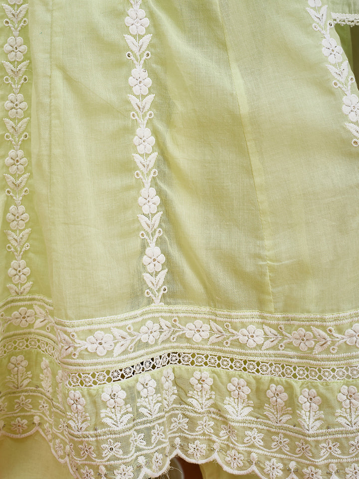 Lime Green Threadwork Cotton Readymade Salwar Suit