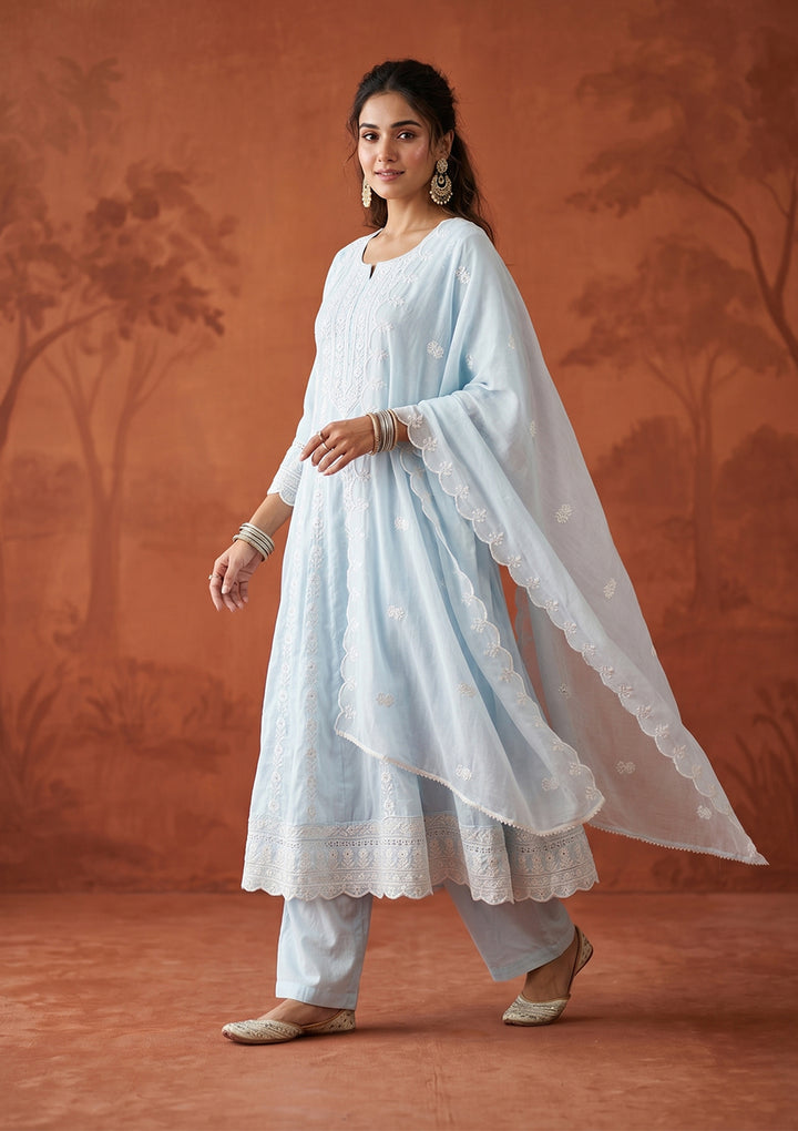 Sky Blue Threadwork Cotton Readymade Salwar Suit