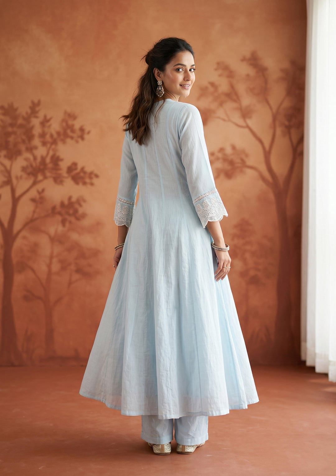 Sky Blue Threadwork Cotton Readymade Salwar Suit