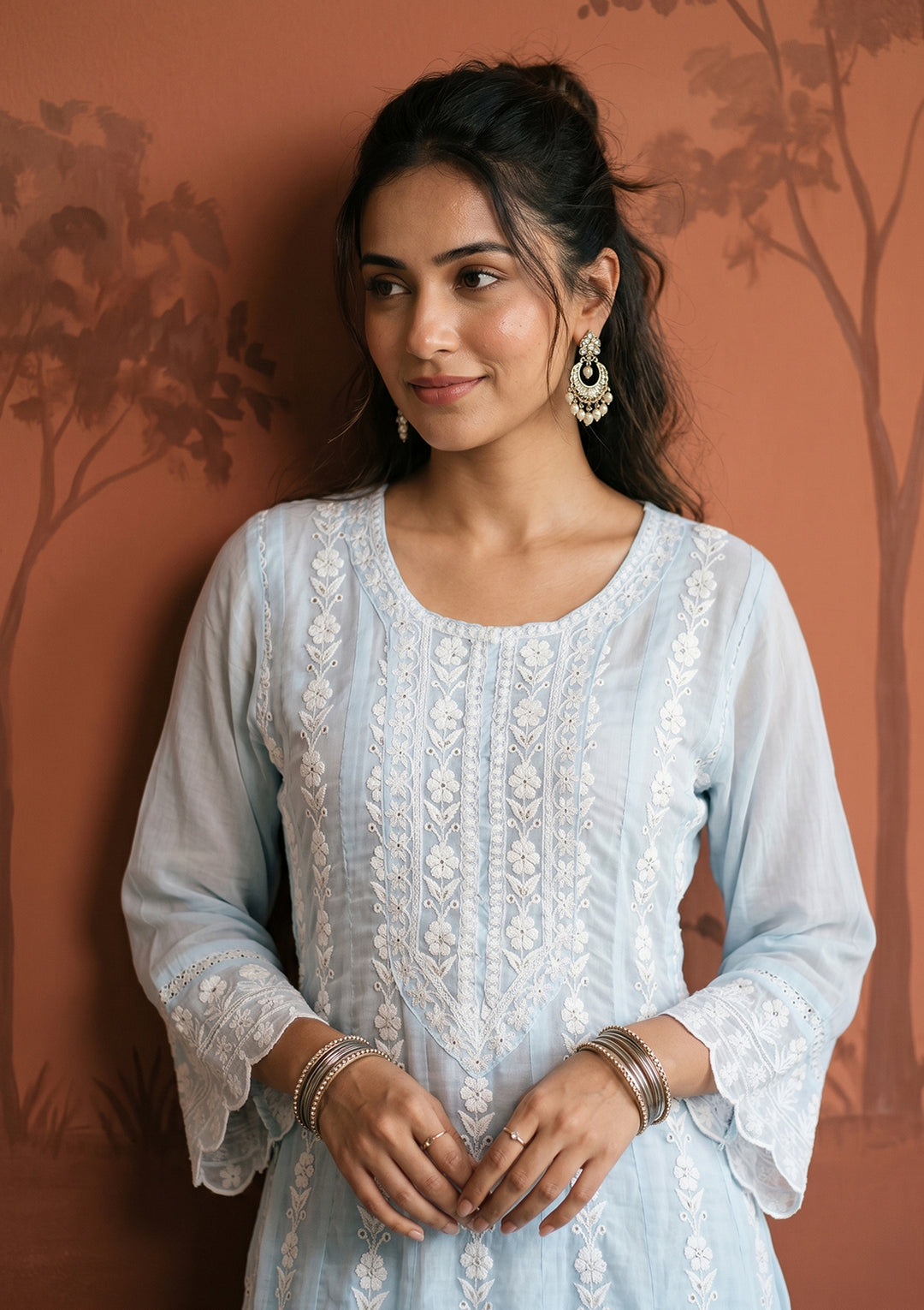 Sky Blue Threadwork Cotton Readymade Salwar Suit