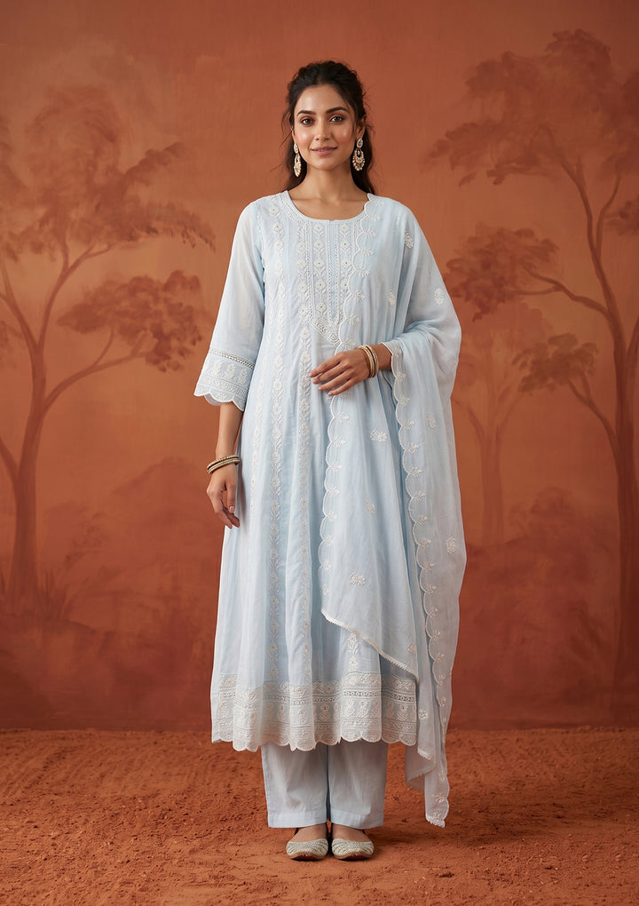 Sky Blue Threadwork Cotton Readymade Salwar Suit