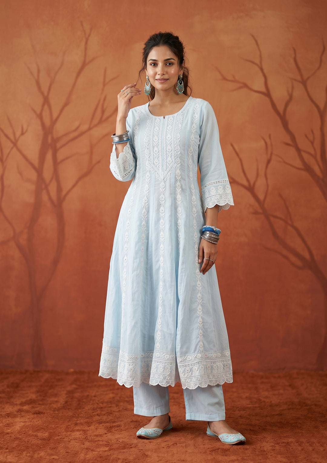 Sky Blue Threadwork Cotton Readymade Salwar Suit
