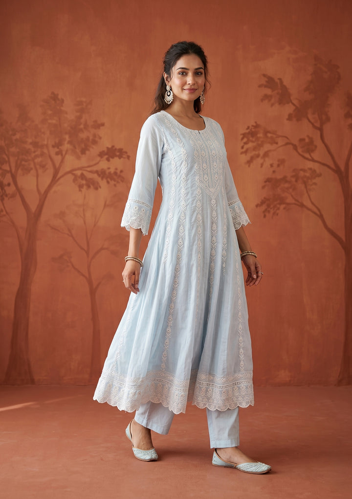 Sky Blue Threadwork Cotton Readymade Salwar Suit