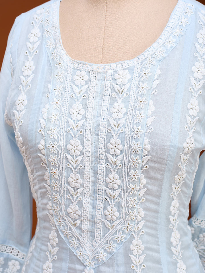 Sky Blue Threadwork Cotton Readymade Salwar Suit